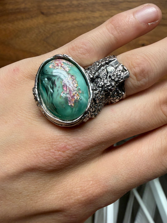Vintage Yves Saint Laurent ‘Cabochon’ Painted Glass/Silver Tone Ring
