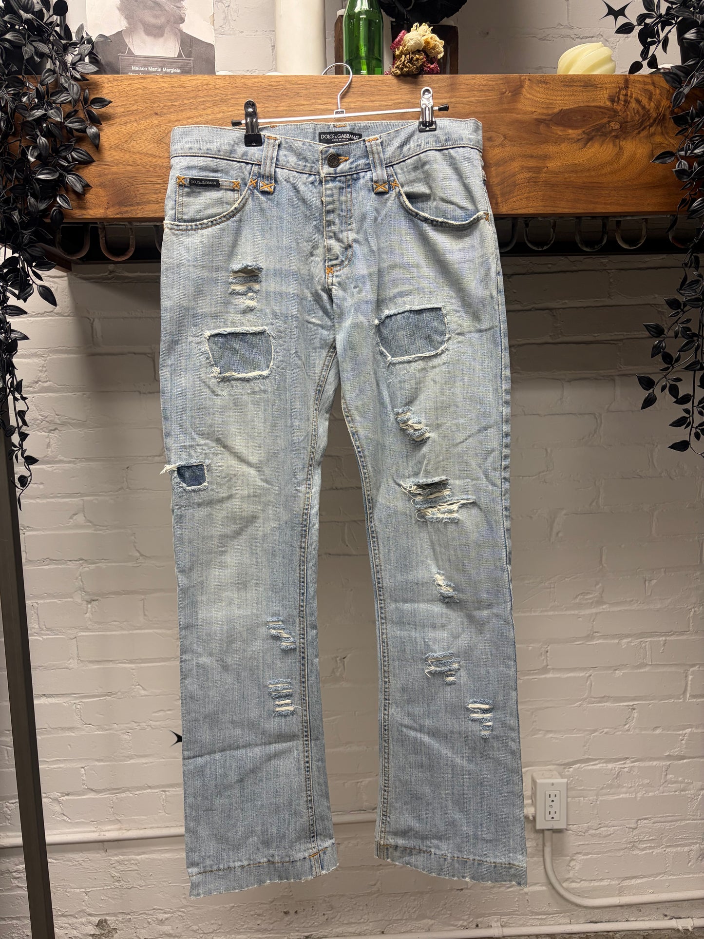 2000s Dolce & Gabbana ‘Distress Repaired’ Light Wash Blue Flared Leg Denim