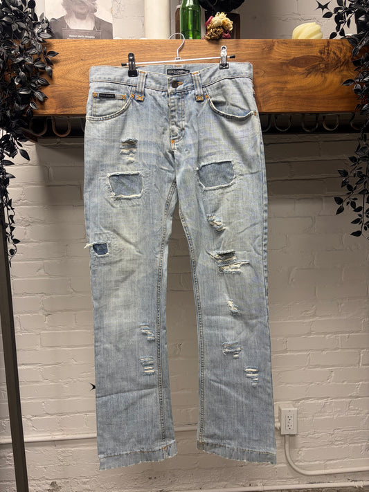 2000s Dolce & Gabbana ‘Distress Repaired’ Light Wash Blue Flared Leg Denim