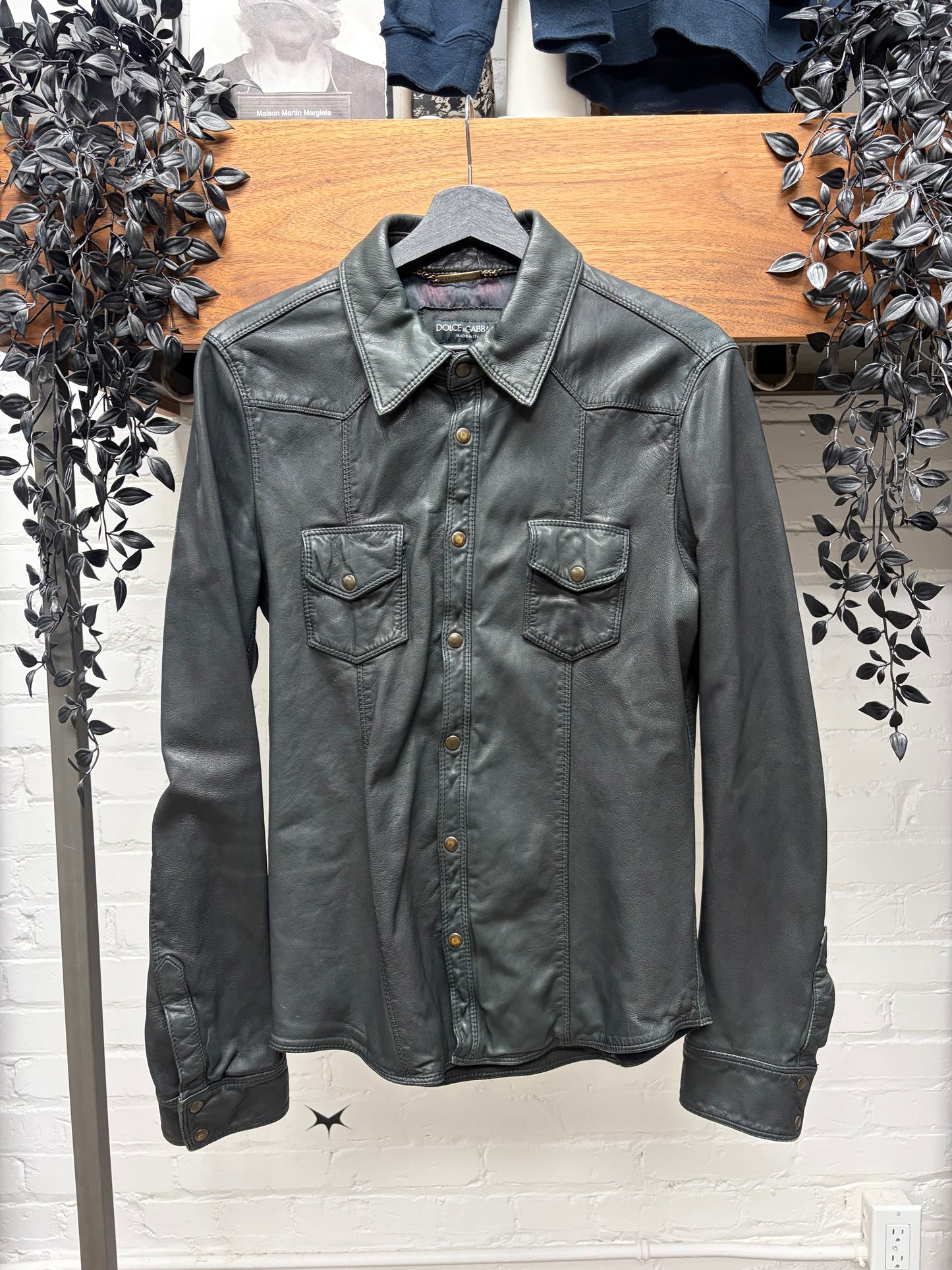 Dolce & Gabbana Black Sheepskin Button Snap Leather Shirt