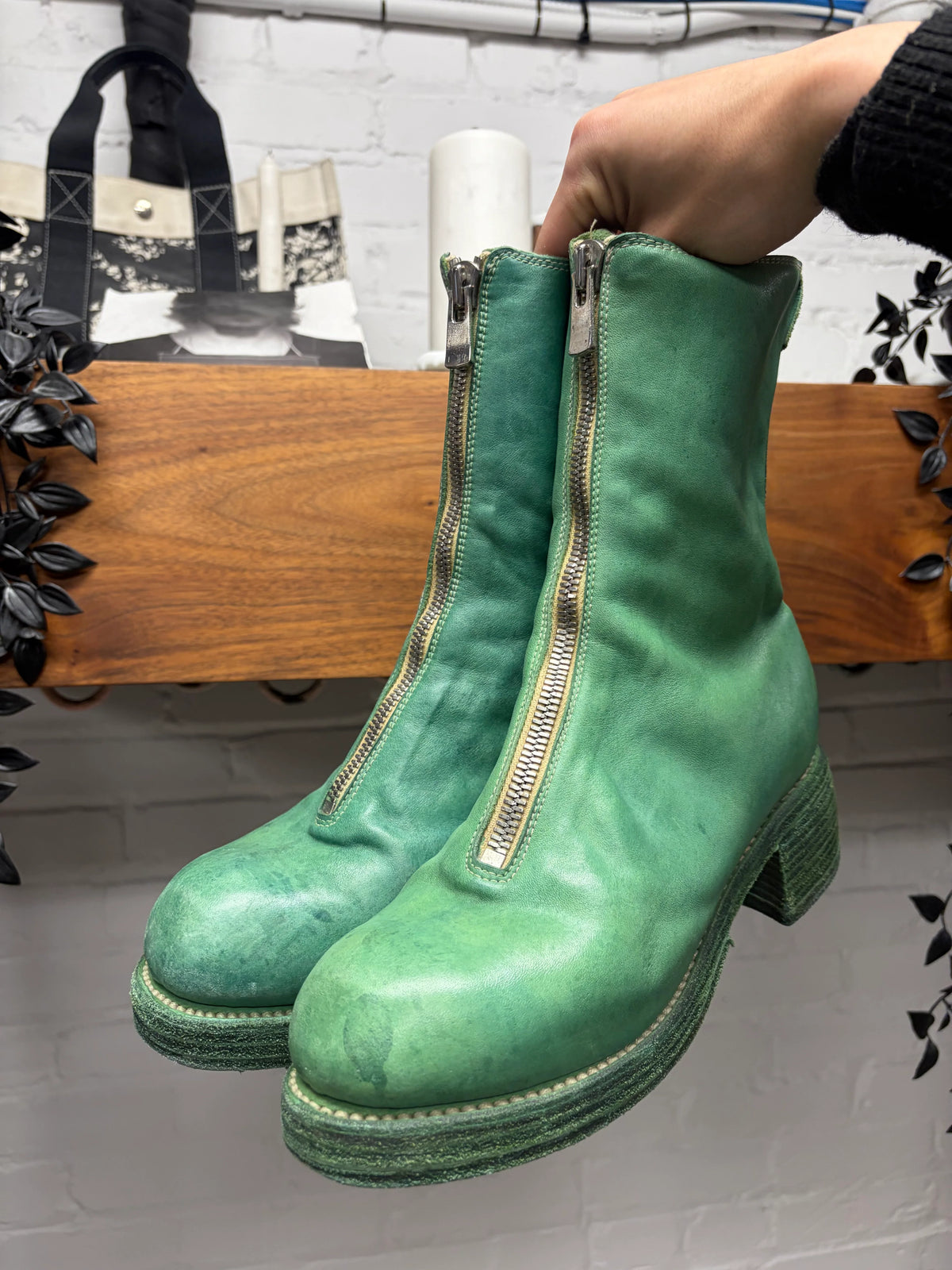 Guidi ‘PL2’ Horse Leather Front Zip ‘Corroded Green’ Low Heel Boots