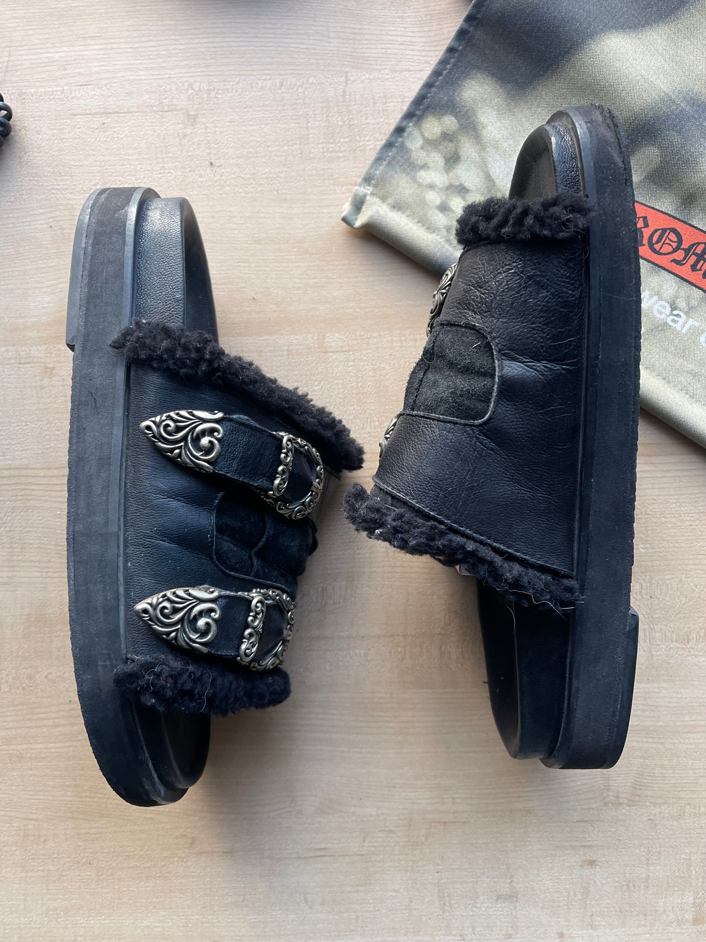 14th Addiction Sheepskin Lined Western Buckle Platform Slides