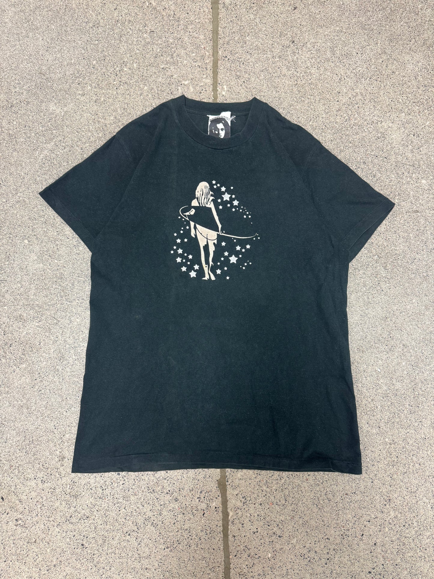 2000s Vintage Hysteric Glamour ‘Surfer Girl’ Faded Black Graphic T-Shirt