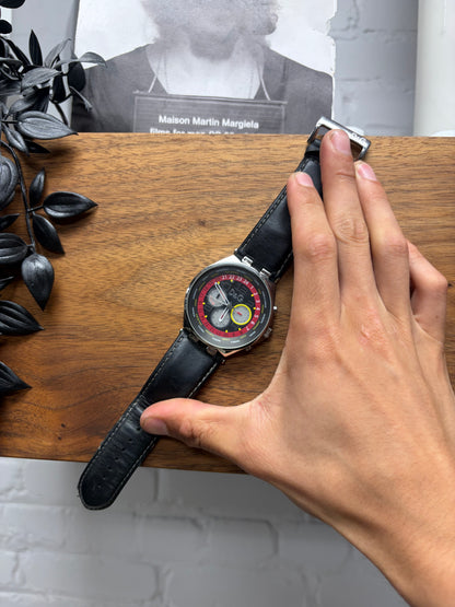 Dolce & Gabbana ‘Triple Chronograph’ Silver Tone Watch with Black Leather Strap