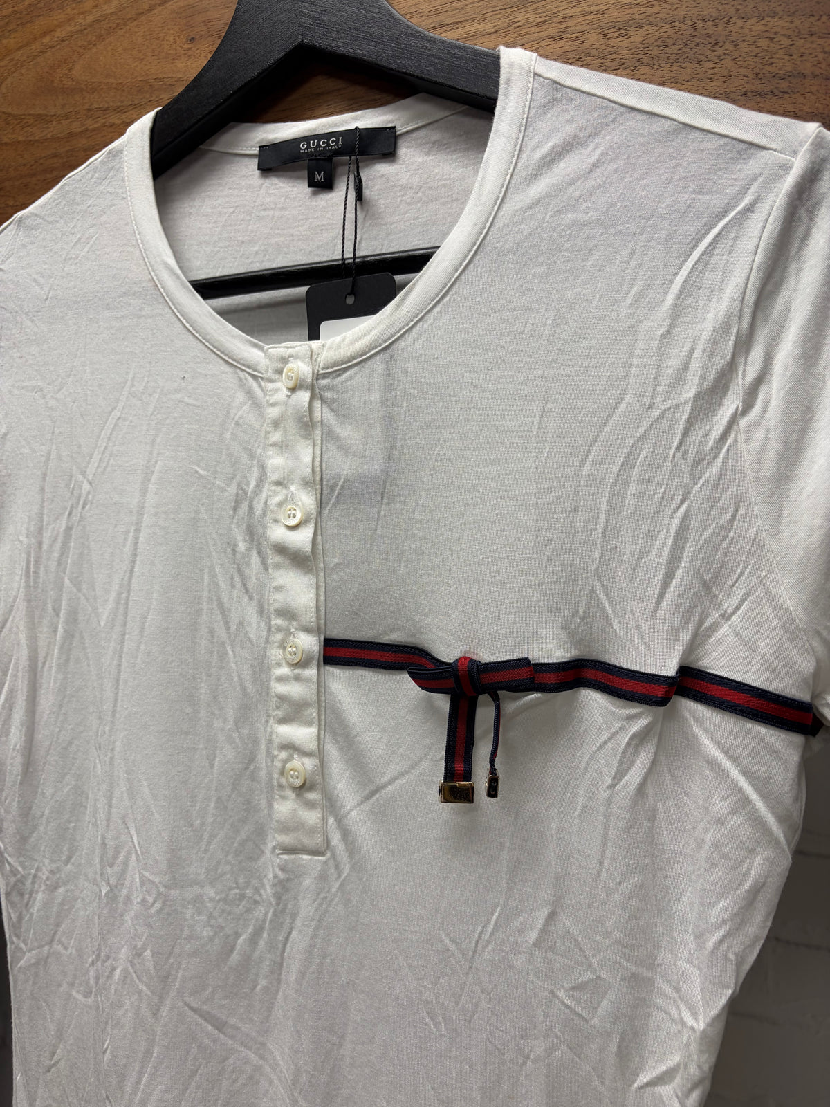 Gucci ‘Stripe Logo’ White Short Sleeve Fitted Henley T-Shirt