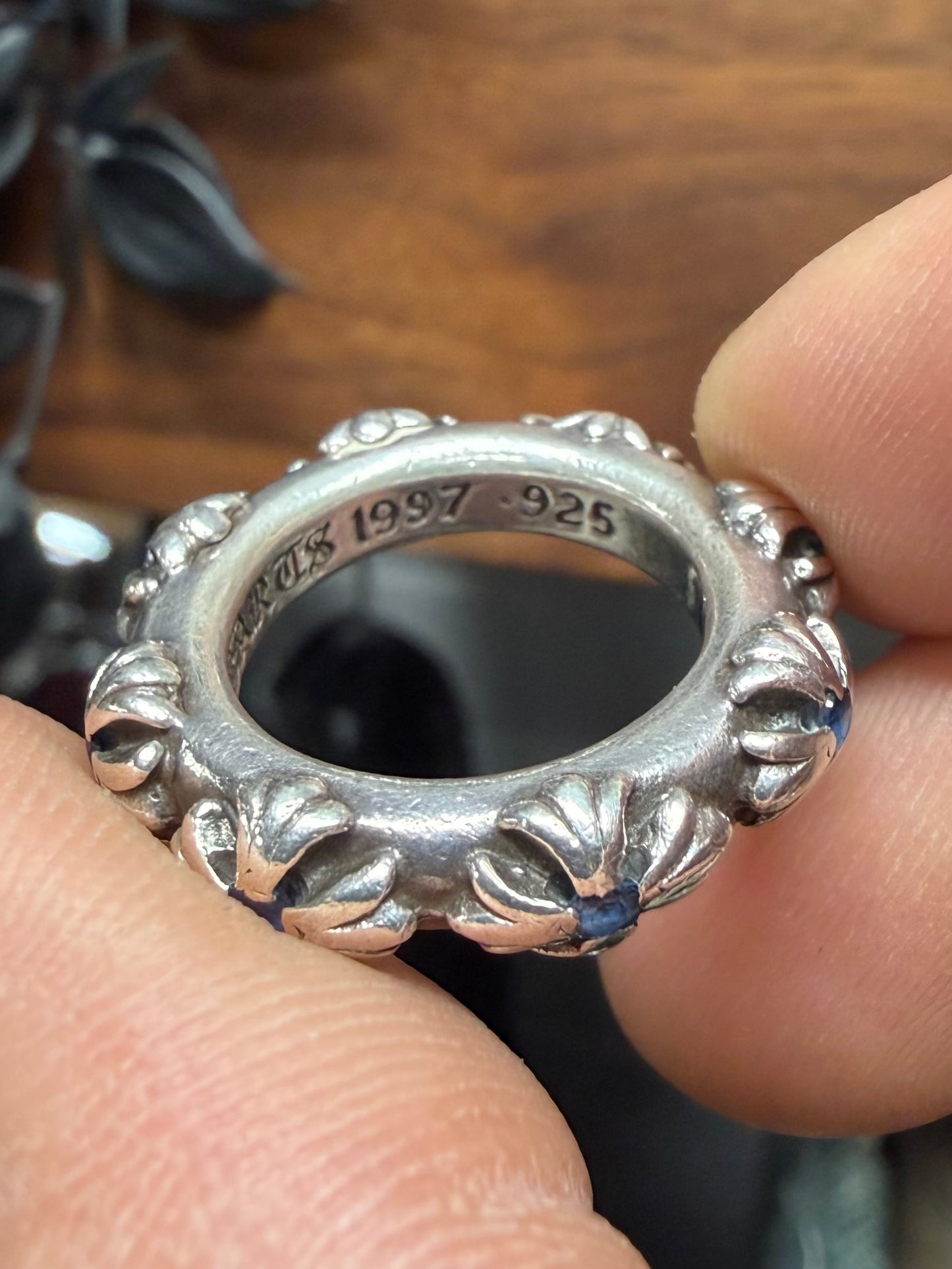 Chrome Hearts ‘Cross Band’ 925 Silver Ring with Factory Set Sapphire Stones