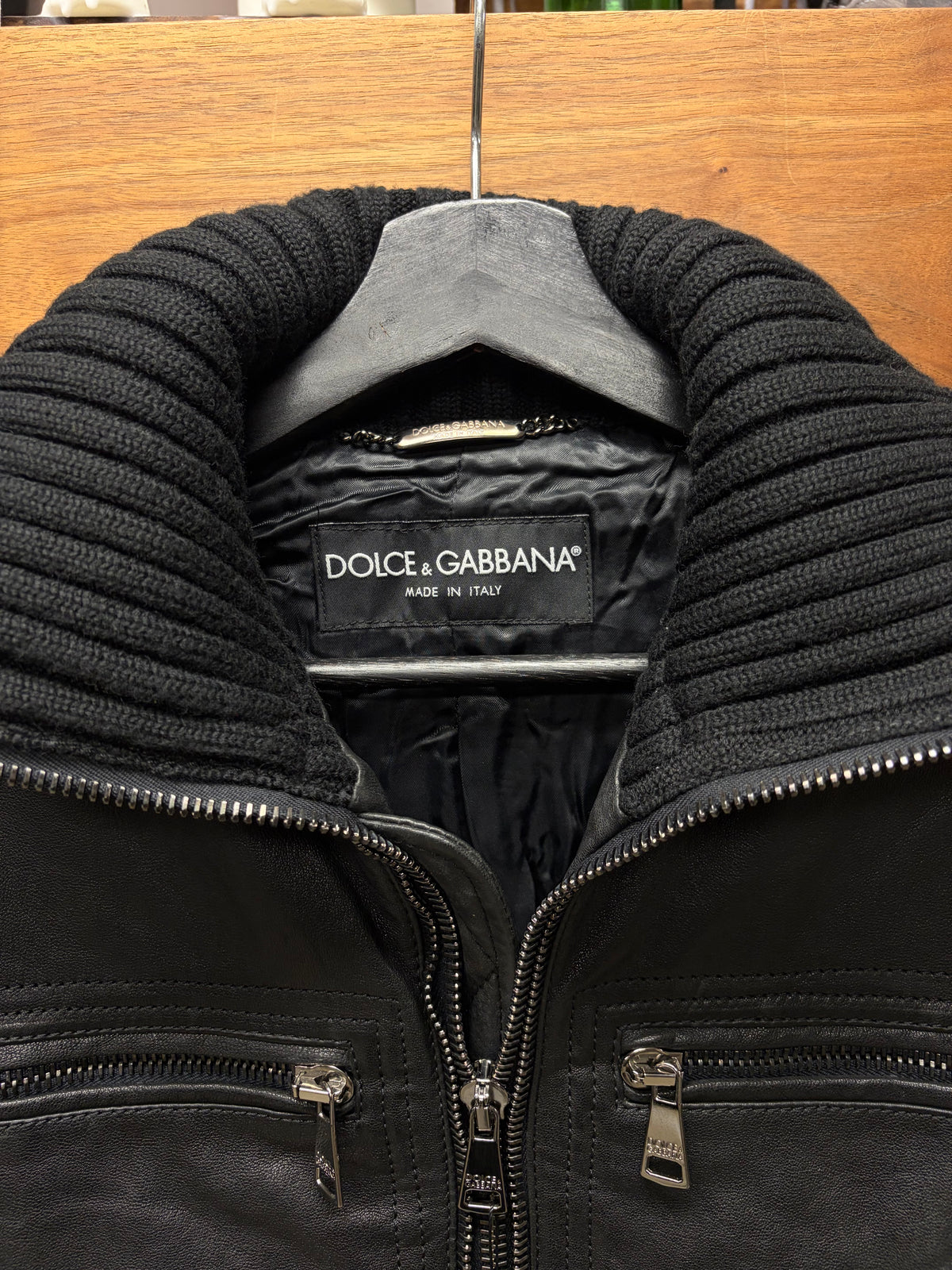 2000s Dolce & Gabbana ‘Mainline’ Black Sheepskin Leather Fitted Cargo Jacket