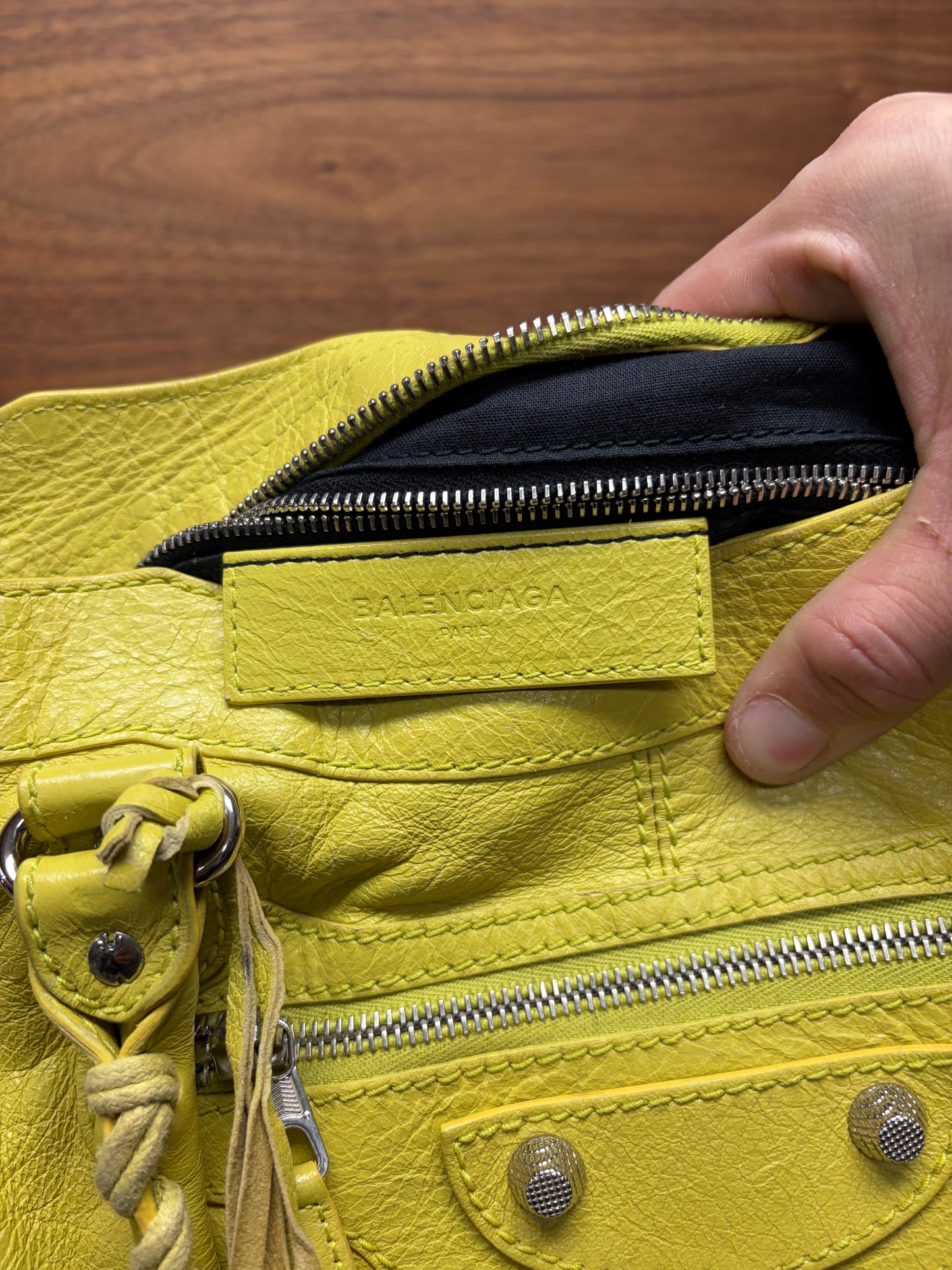Balenciaga Yellow Calfskin Leather ‘City’ Bag with Crossbody Strap