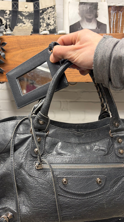 Balenciaga Grey Lambskin Leather ‘City Bag’ with Silver Hardware & Crossbody Strap