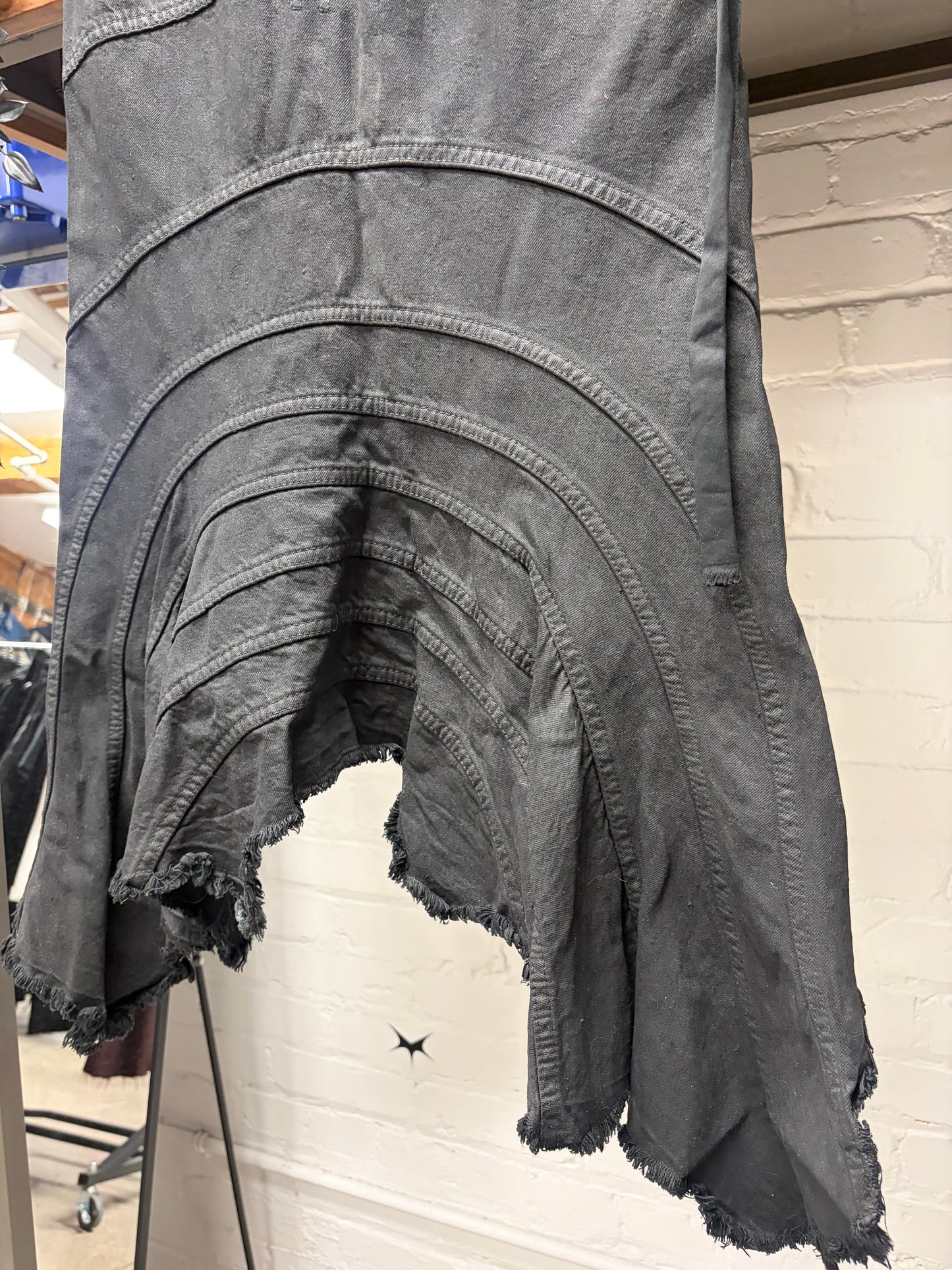 2005 Rick Owens Waxed Black ‘Waterfall’ Raw Hem Denim Midi Skirt