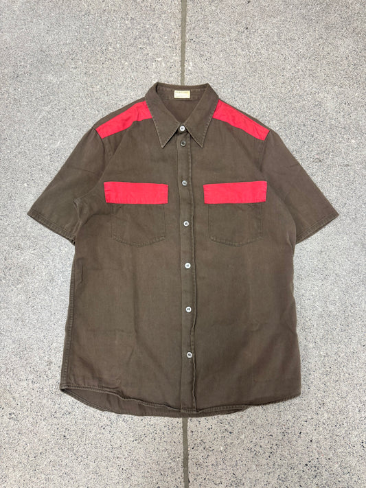 SS1999 Helmut Lang Red/Brown Panelled Cotton Button Up Shirt