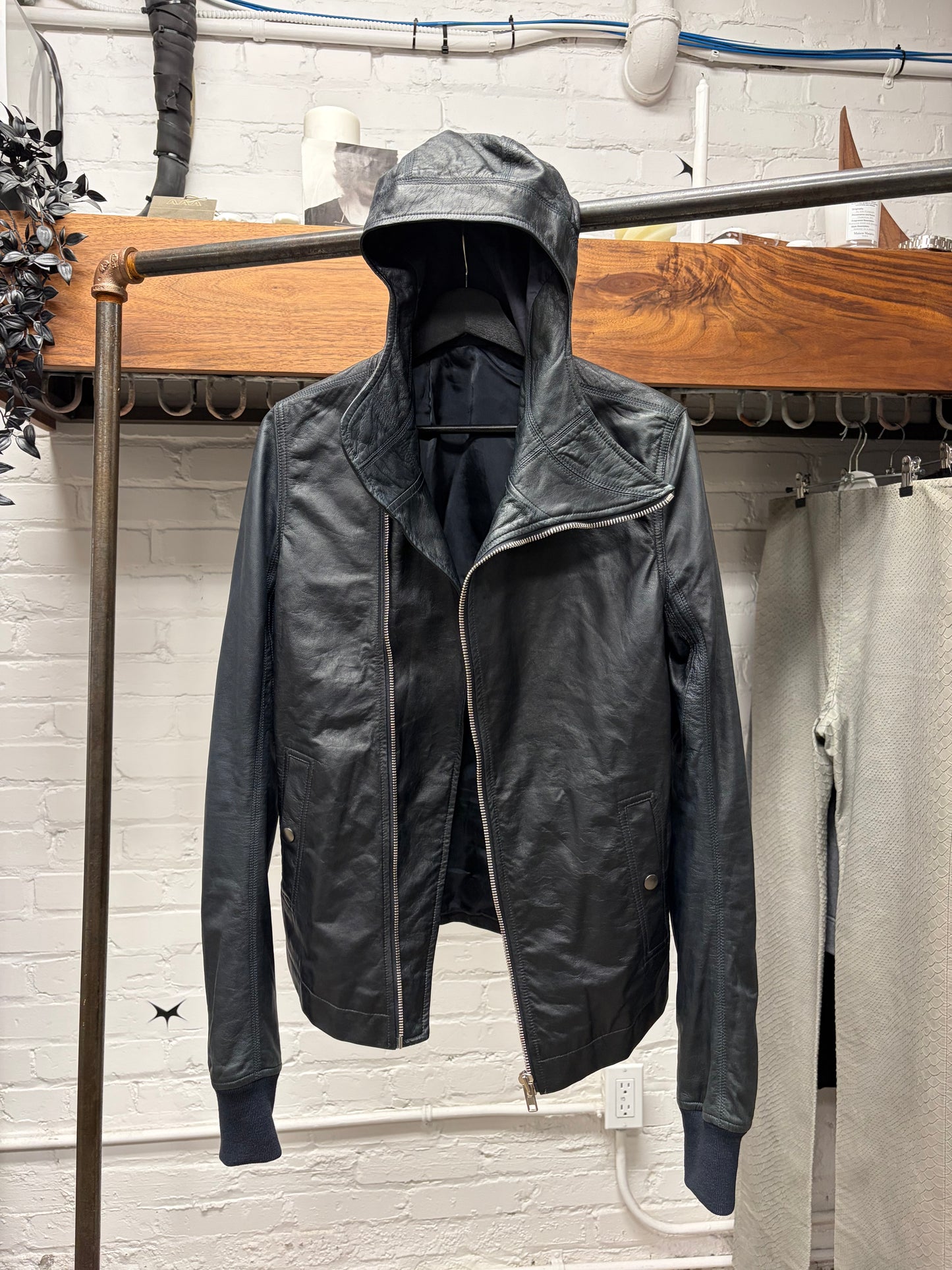 SS2014 Rick Owens ‘Vicious’ Scuba Hooded ‘Passport’ Black Leather Jacket