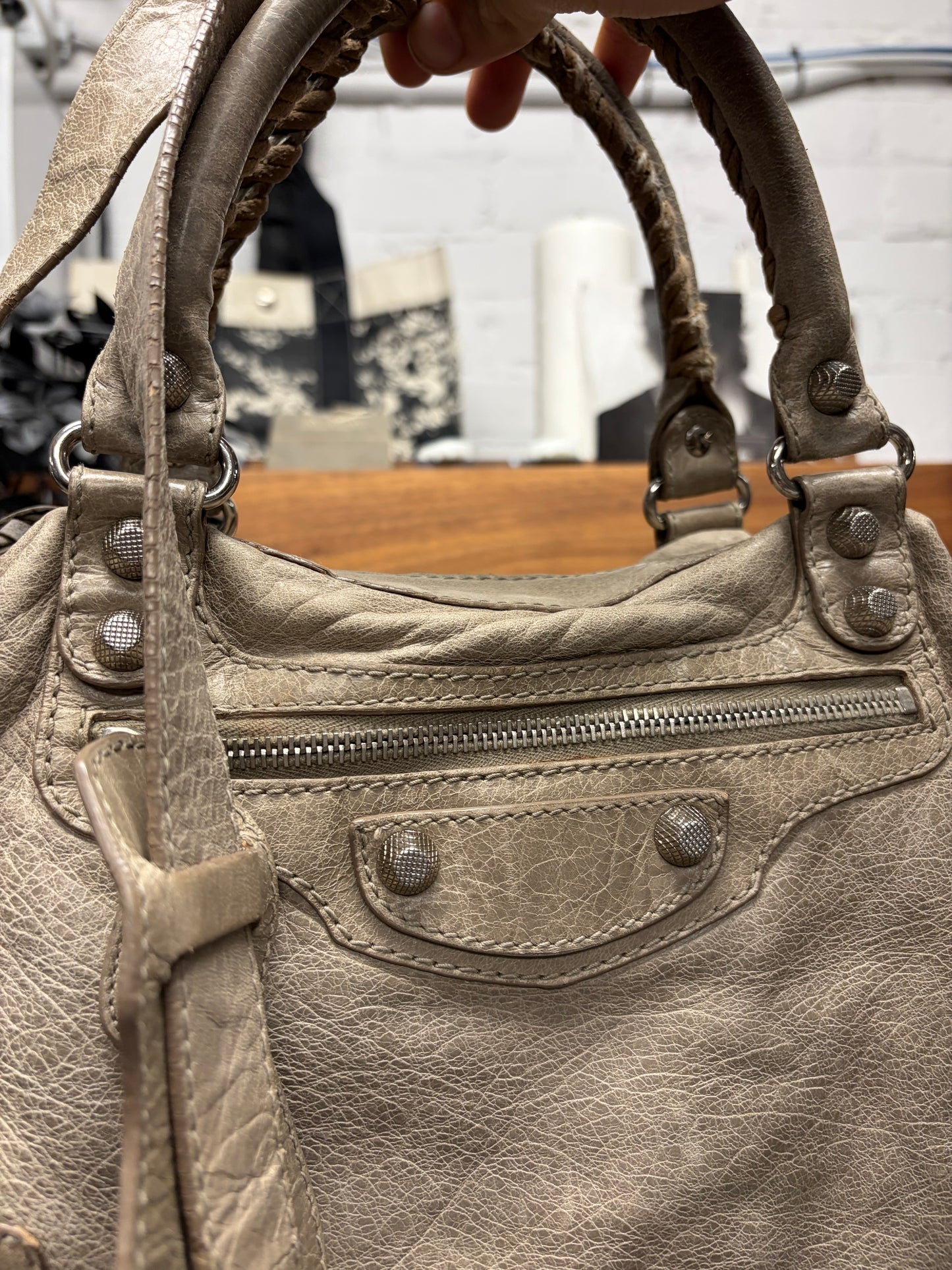 Balenciaga Mini Taupe Brown ‘City Bag’ with Mirror and Crossbody Strap