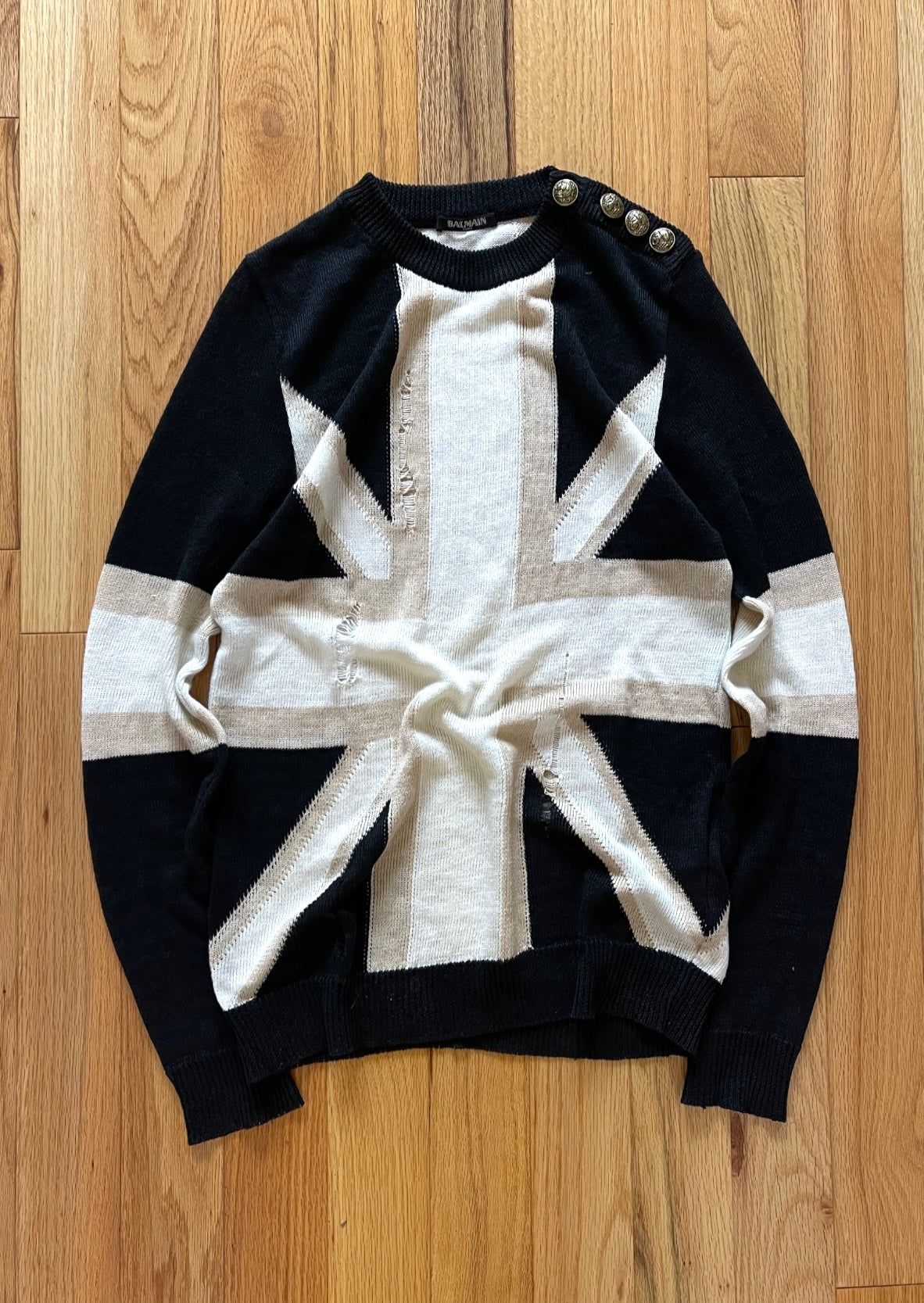 Spring Summer 2016 Balmain ‘Union Jack’ Distressed Flag Knit Sweater