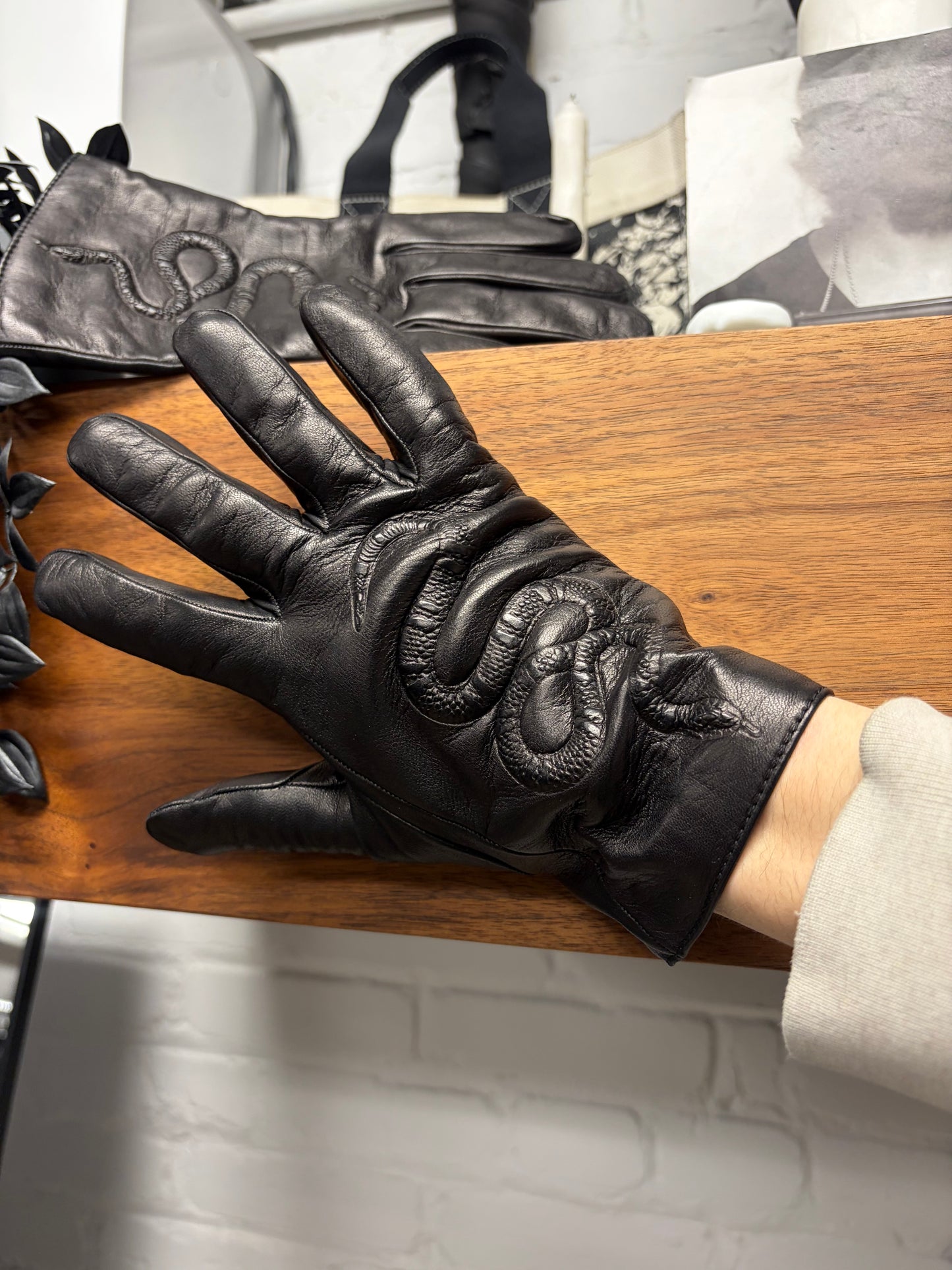 Gucci ‘Snake Embossed’ Black Lambskin Leather Gloves