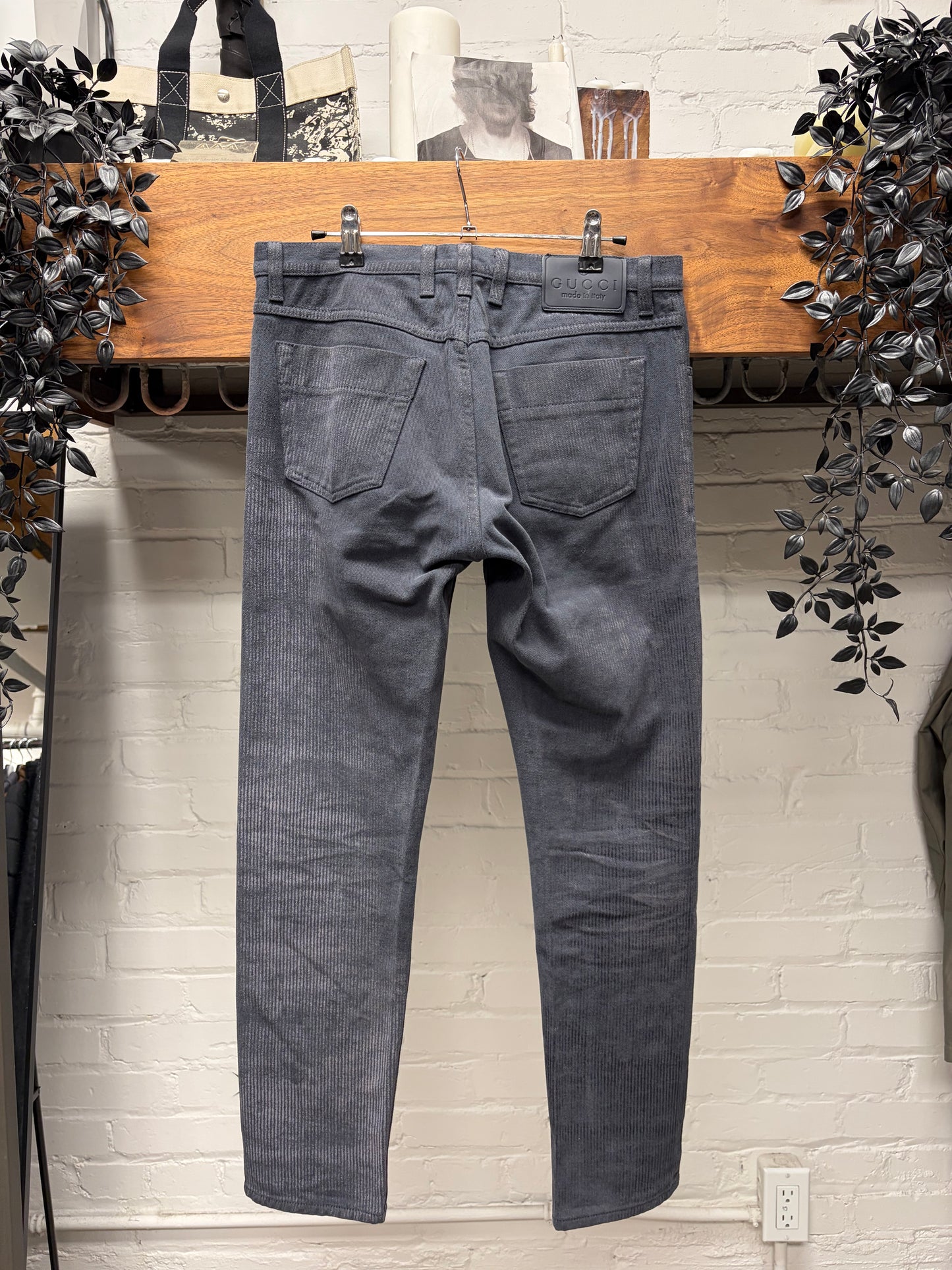 Gucci Waxed Silver Slim/Skinny Cut Vertical Corduoy Pants