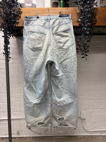 2023 Balenciaga ‘Skater Cut’ Light Wash Blue Heelbite Wide Leg Denim