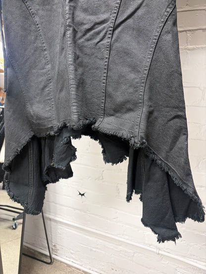 2005 Rick Owens Waxed Black ‘Waterfall’ Raw Hem Denim Midi Skirt