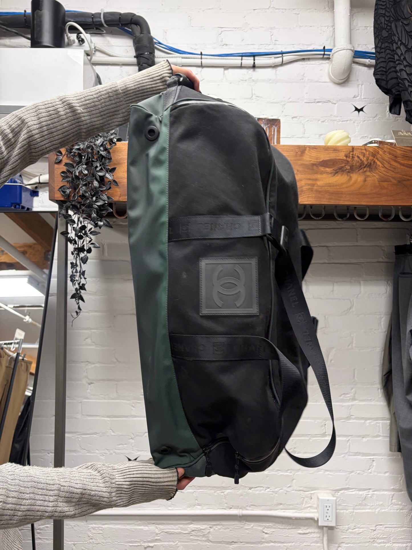 Vintage Chanel Black/Green Canvas Massive Roller Travel Bag