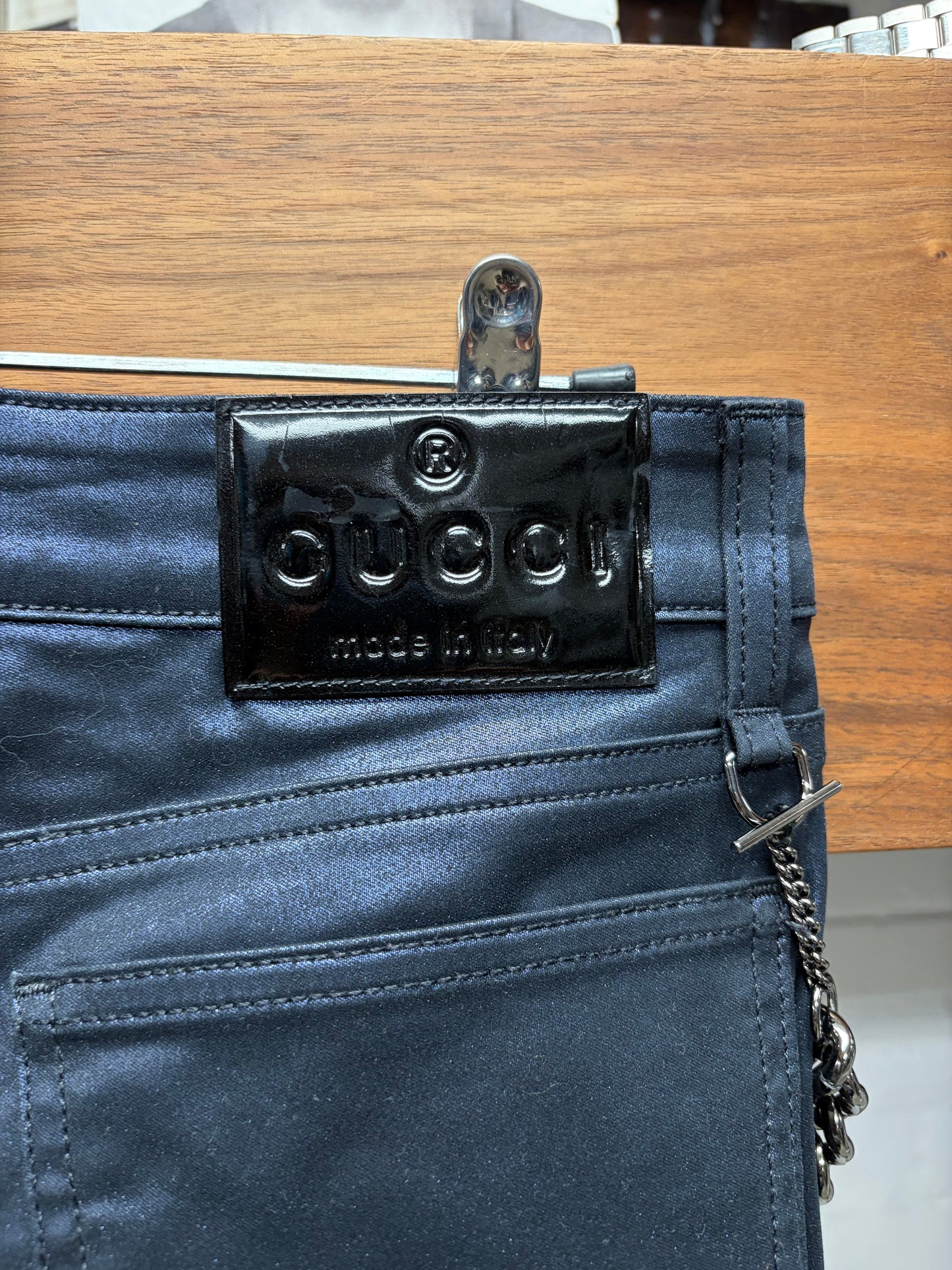 Vintage Gucci by Frida Giannini Waxed Black Pants With Wallet Chain Attachment