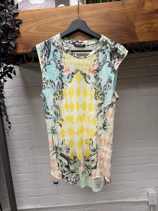 SS2013 Balmain Baroque Full Print Semi Sheer Tank Top with Metal Button Shoulder Detail