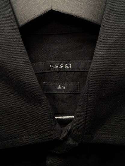 Gucci Military Inspired Black Button Snap Collared Shirt with Shoulder Epaulettes