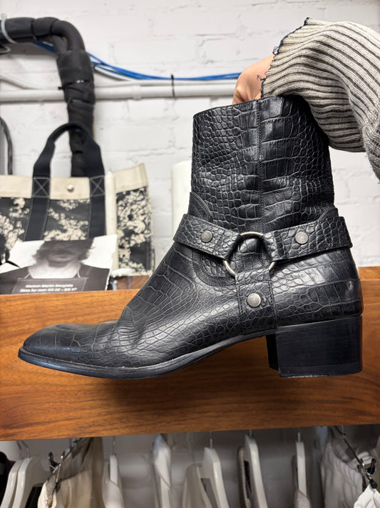 Saint Laurent Black ‘Crocodile’ Black Embossed Leather ‘Wyatt’ Harness Boots