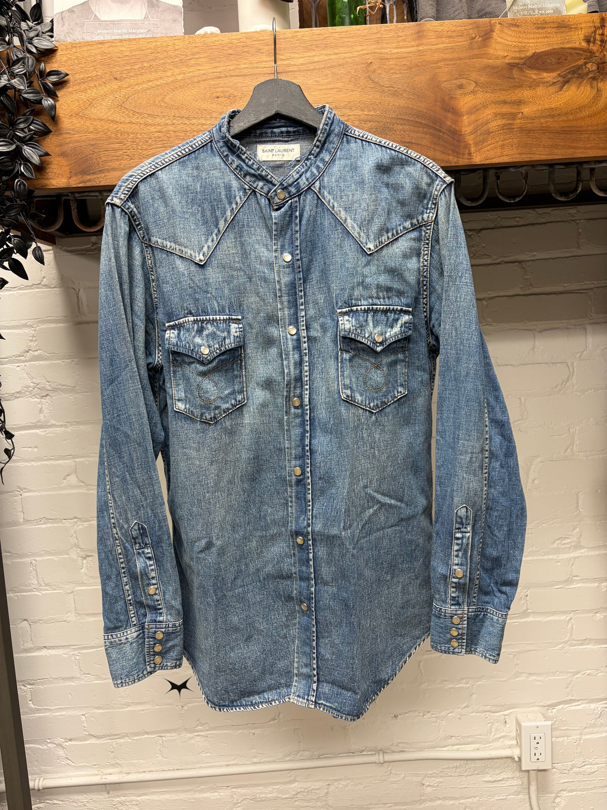 2016 Saint Laurent by Hedi Slimane ‘Cutoff Collar’ Denim Pearl Snap Button Shirt