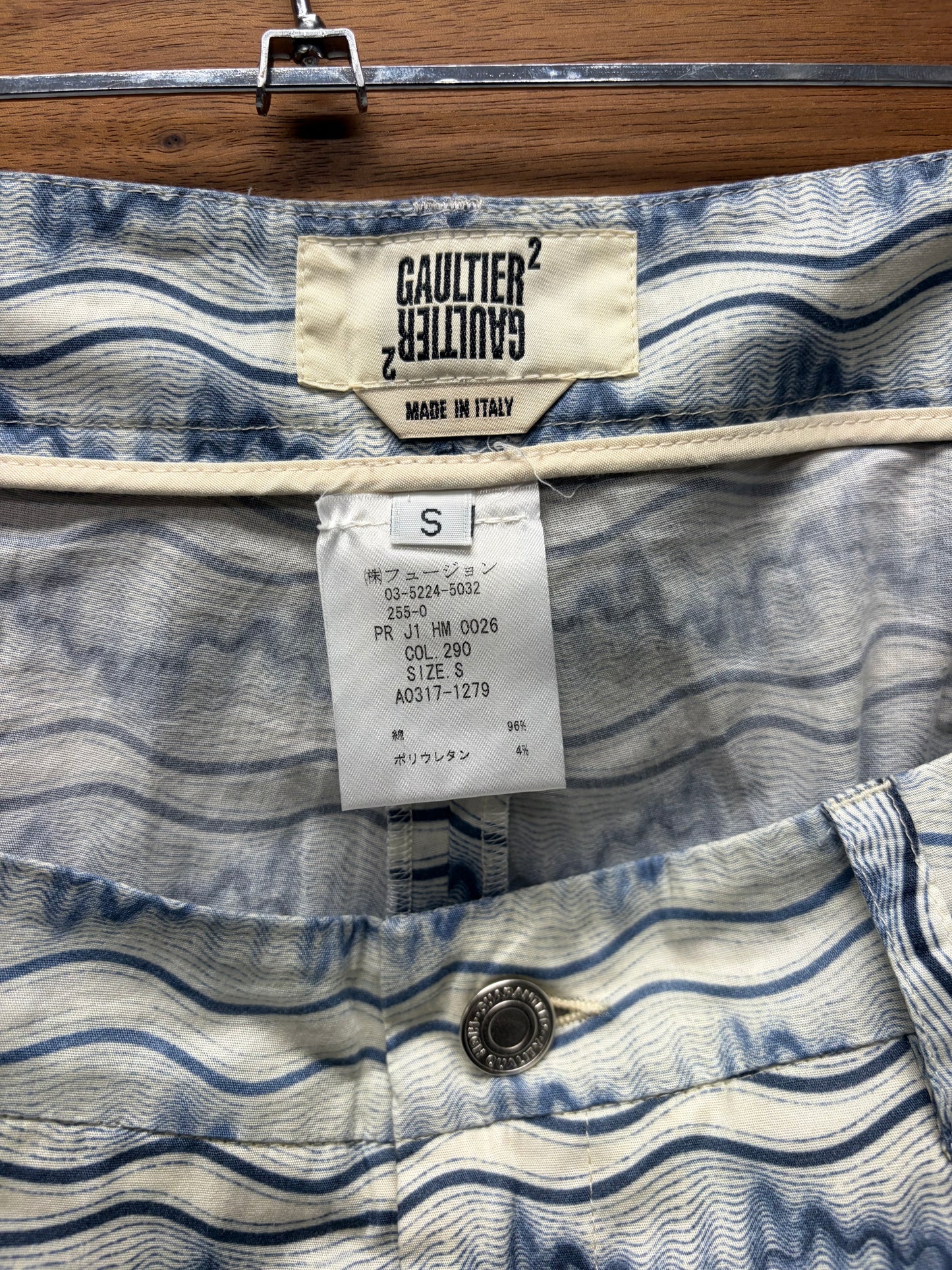 Vintage Jean Paul Gaultier ‘Mosaic Tapestry’ White/Blue Flared Leg Pants