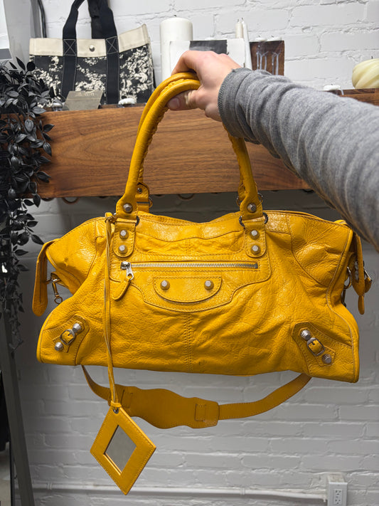 Balenciaga Yellow Lambskin Leather ‘City Bag’ with Silver Hardware and Crossbody Strap