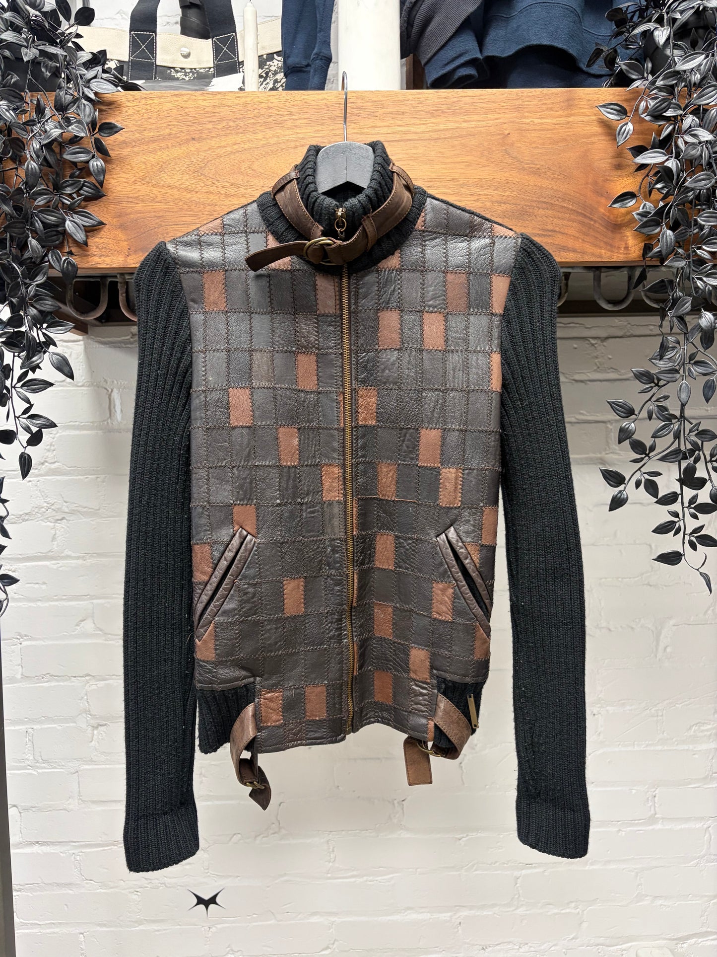 Chloe Mixed ‘Geometric’ Tiled Leather Ribbed Knit Sweater