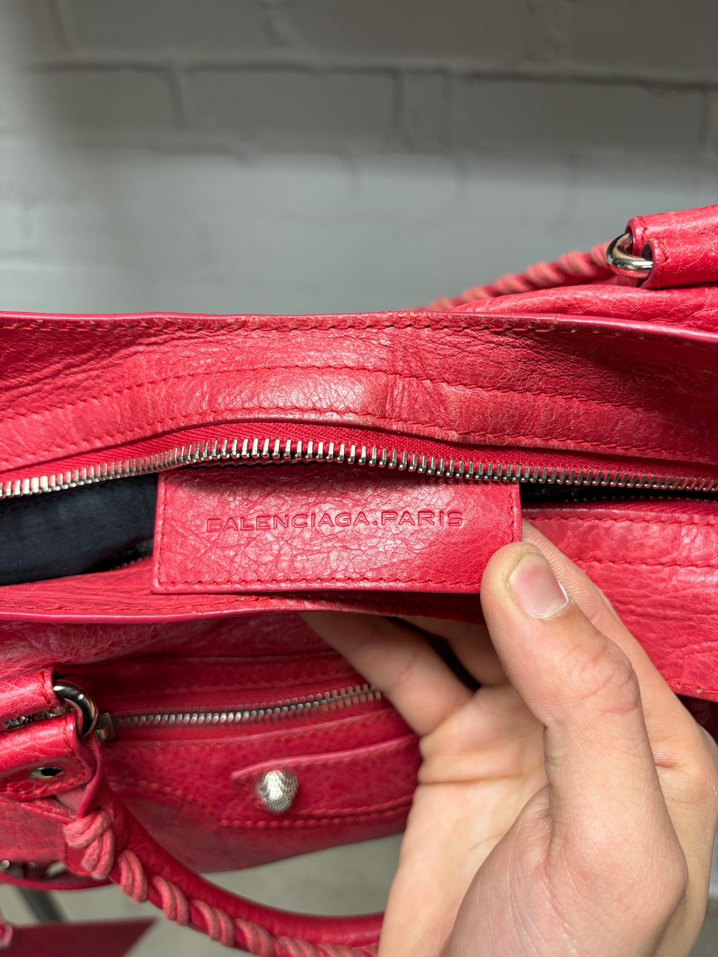 Balenciaga Crimson Red ‘City Bag’ Silver Hardware With Shoulder Strap