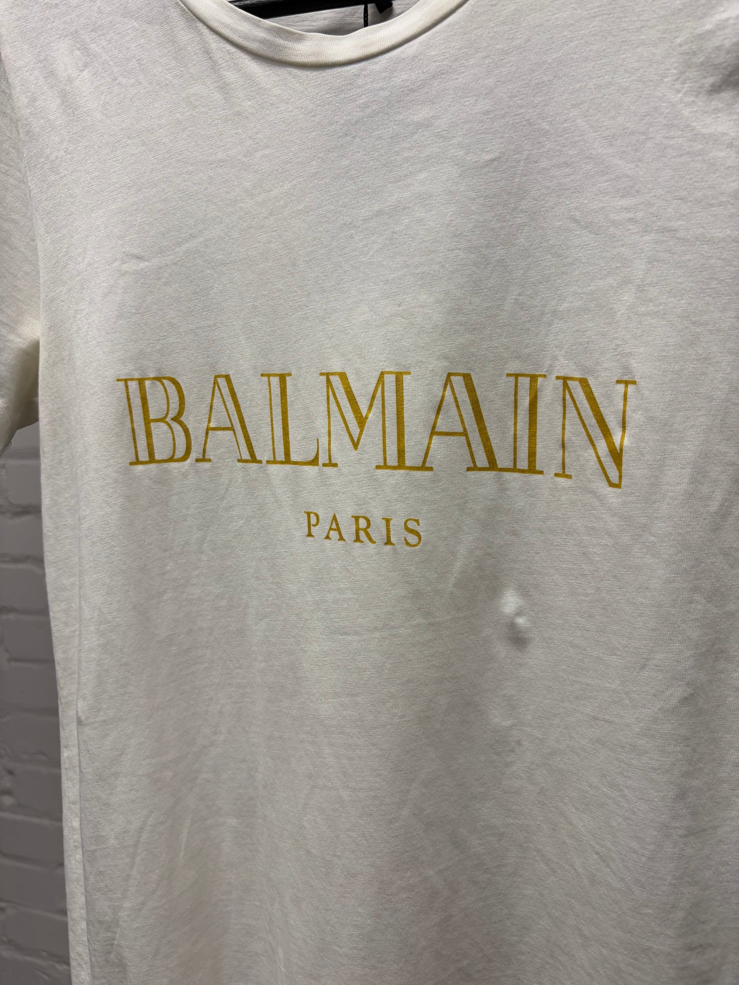Balmain White/Gold Chest Logo Short Sleeve Shirt with Shoulder Button Detailing