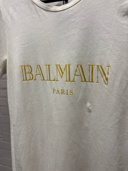 Balmain White/Gold Chest Logo Short Sleeve Shirt with Shoulder Button Detailing