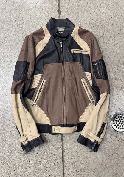 SS2004 Dolce & Gabbana Sheepskin Leather Panelled Brown Moto Jacket