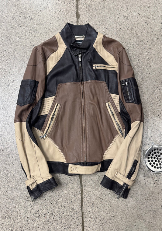 SS2004 Dolce & Gabbana Sheepskin Leather Panelled Brown Moto Jacket