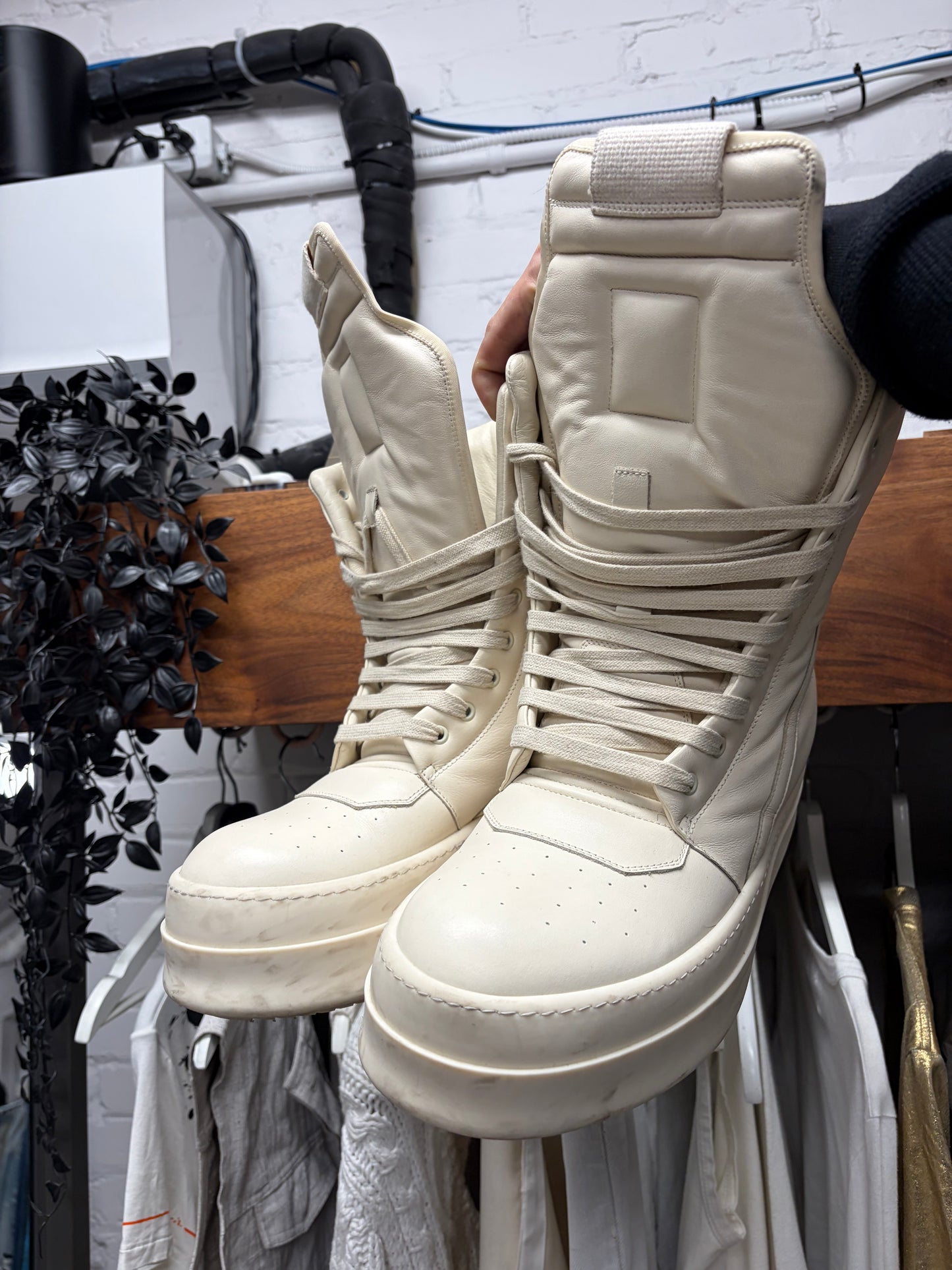 AW2024 Rick Owens ‘Mega Bumper’ Geobasket Milk Leather High Top Sneakers