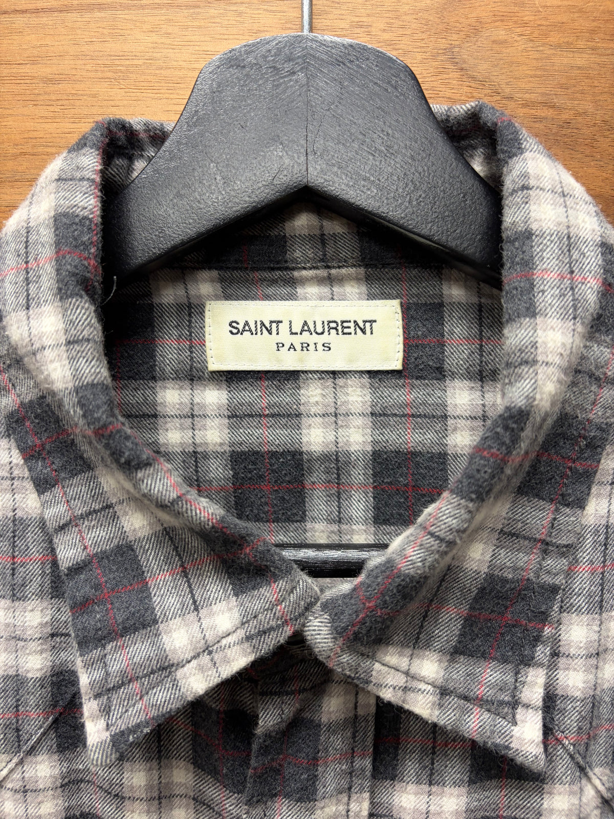 2017 Saint Laurent Pearl Button Snap Grey Plaid Flannel Shirt