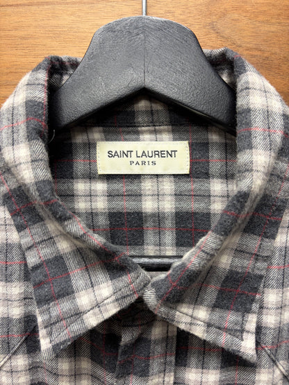 2017 Saint Laurent Pearl Button Snap Grey Plaid Flannel Shirt