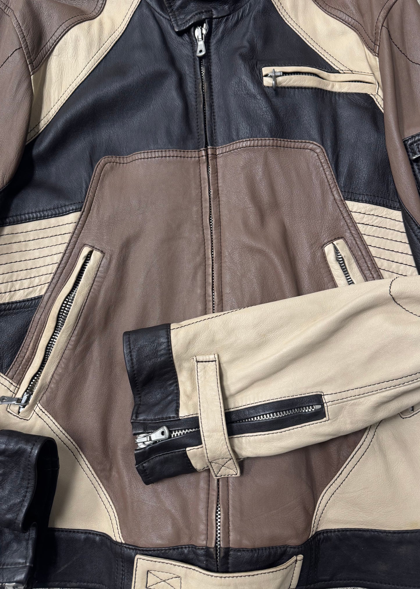 SS2004 Dolce & Gabbana Sheepskin Leather Panelled Brown Moto Jacket