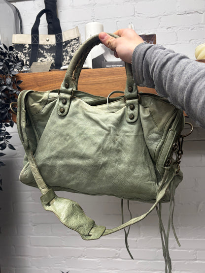Balenciaga Mossy Green Chèvre ‘City Bag’ with Crossbody Strap
