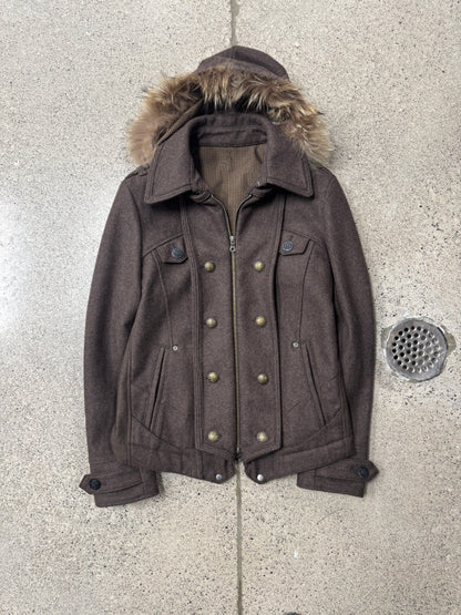 PPFM Fur Trim Napoleon Brown Wool Zip Coat