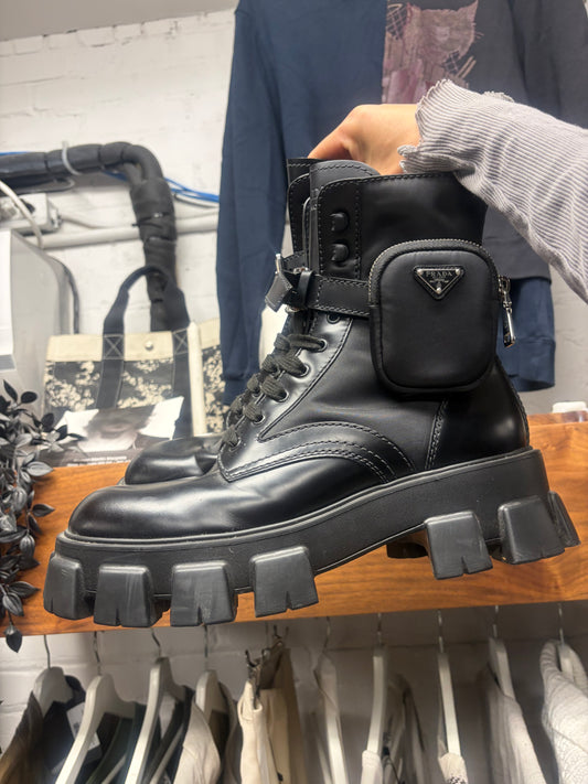 Prada ‘Monolith’ Brushed Black Leather Re-Nylon Combat Boots