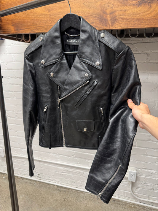AW2016 Balenciaga Cropped Black Calfskin Leather Biker Jacket