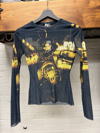 AW2003 Jean Paul Gaultier ‘Outlaws Territory’ Biker Graphic Mesh Long Sleeve Shirt
