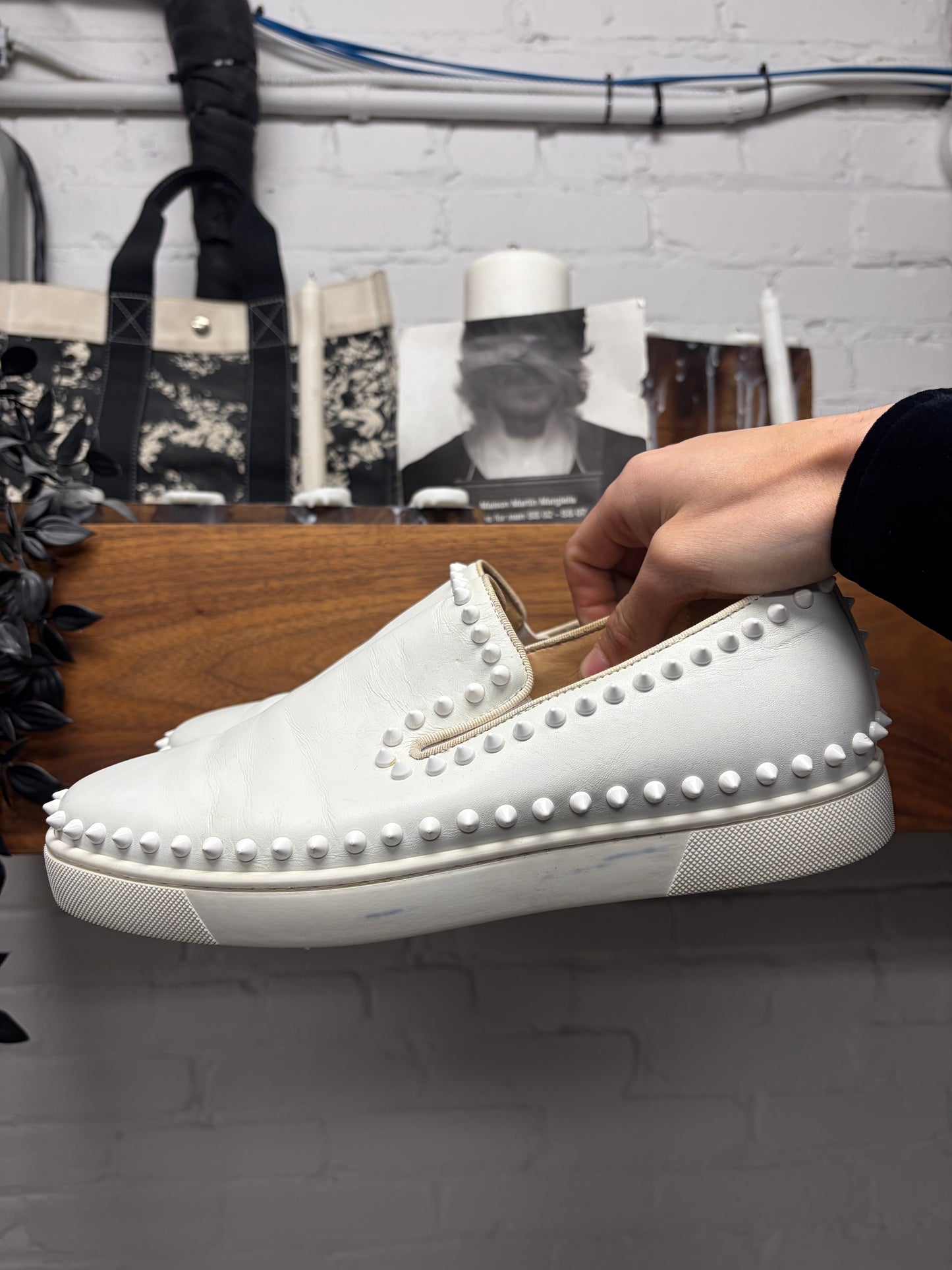Christian Louboutin ‘Pik Boat’ Spiked White Leather Slip-On Sneakers
