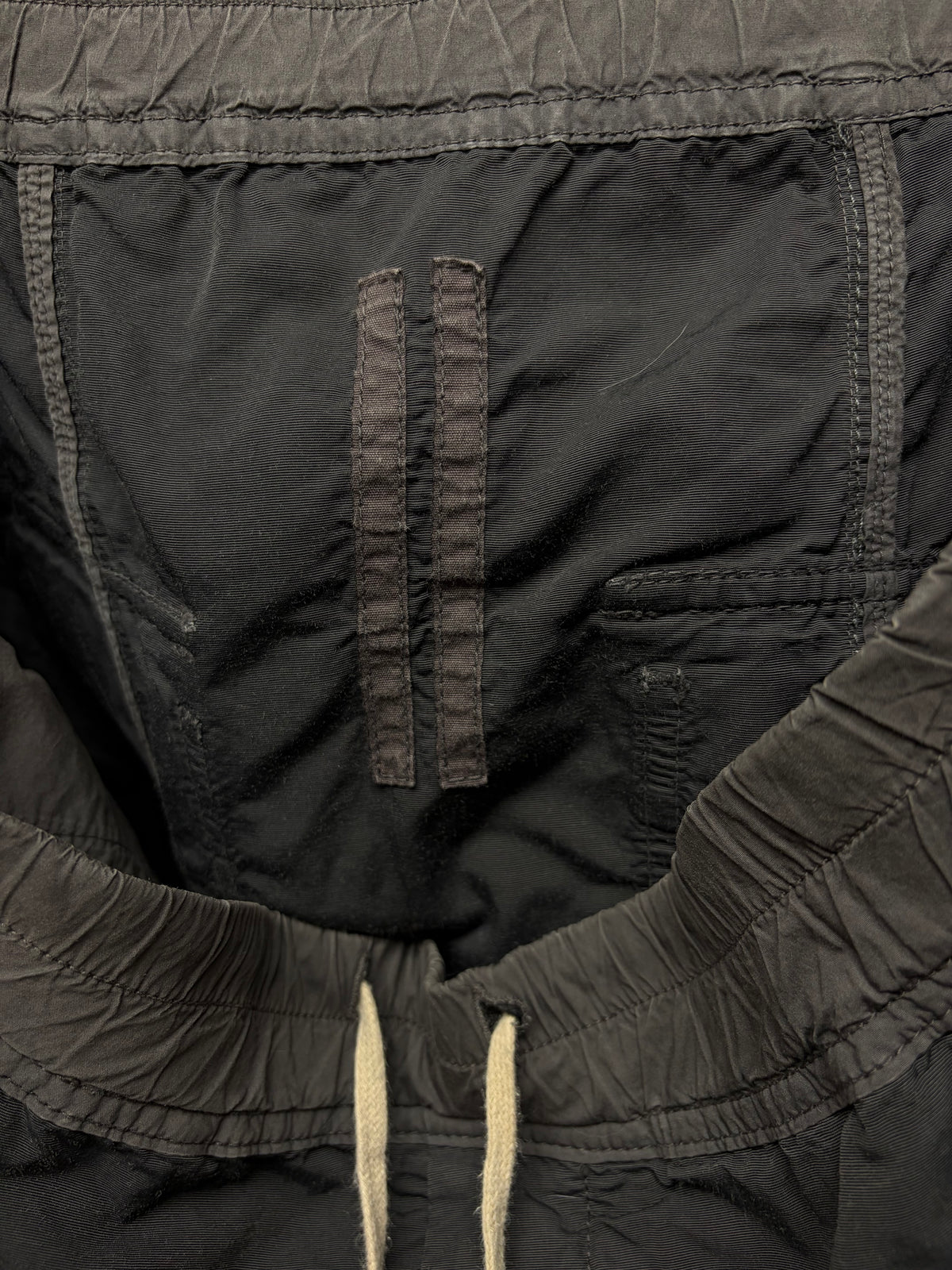 AW2014 Rick Owens ‘Moody’ Sun Faded Black Drop Crotch ‘Pod’ Drawstring Shorts