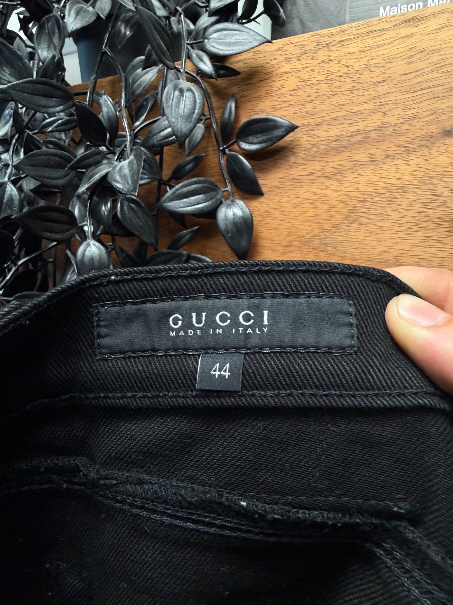 2000s Gucci Men’s Black Skinny Jeans with Guccisima Monogram Logo Jacron Patch