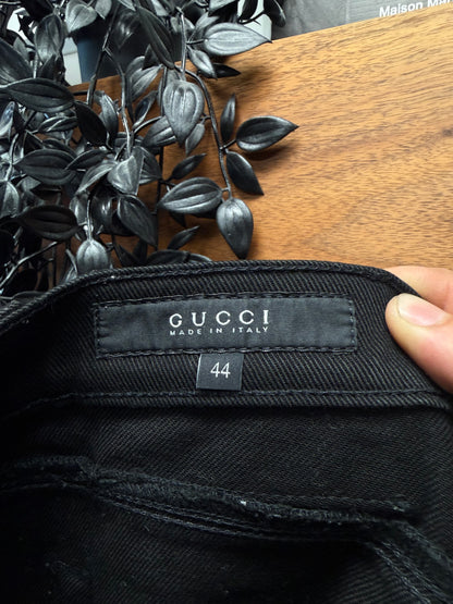 2000s Gucci Men’s Black Skinny Jeans with Guccisima Monogram Logo Jacron Patch