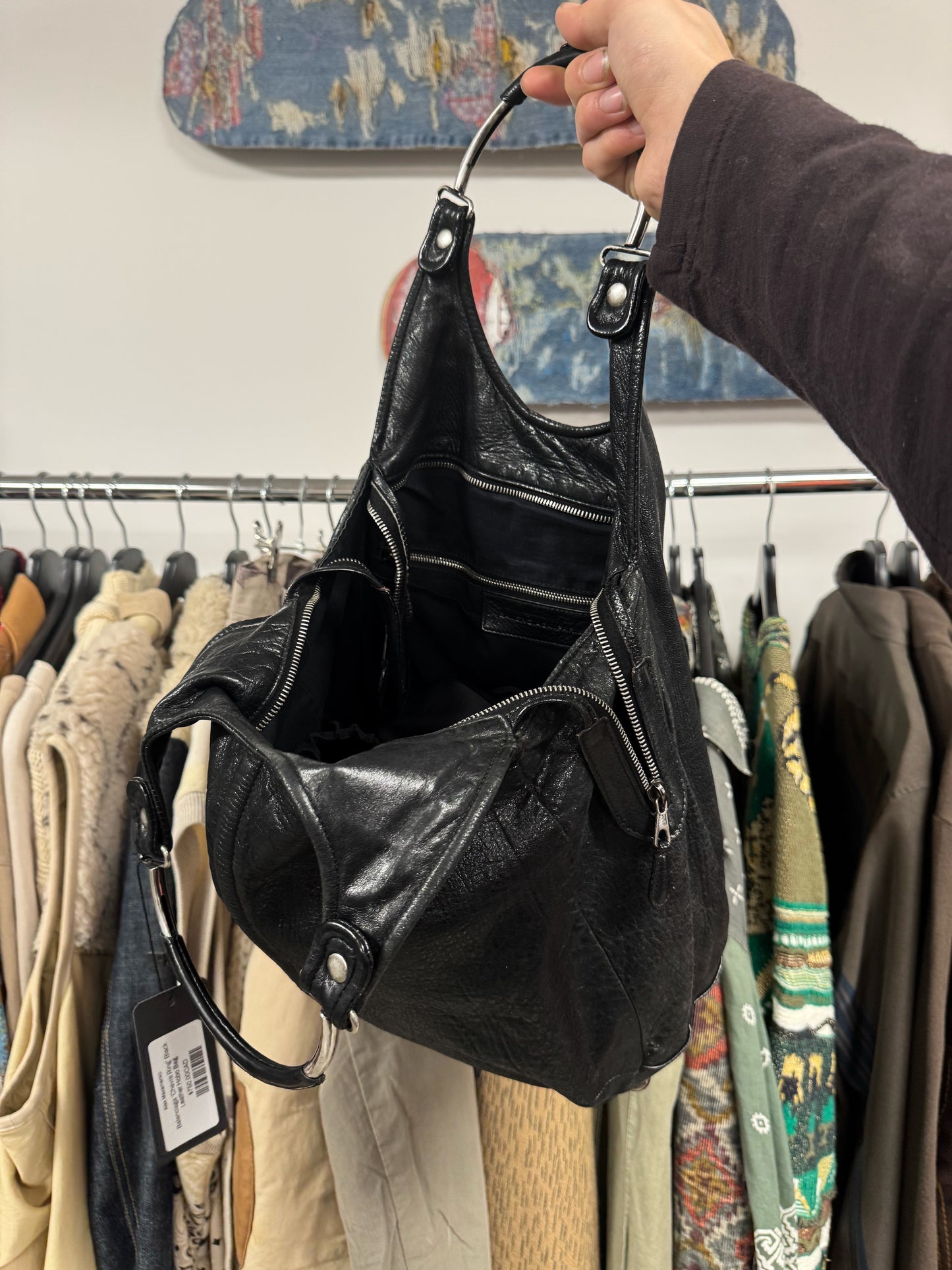 Balenciaga ‘Chevre’ Ring Handle Black Lambskin Leather Hobo Bag